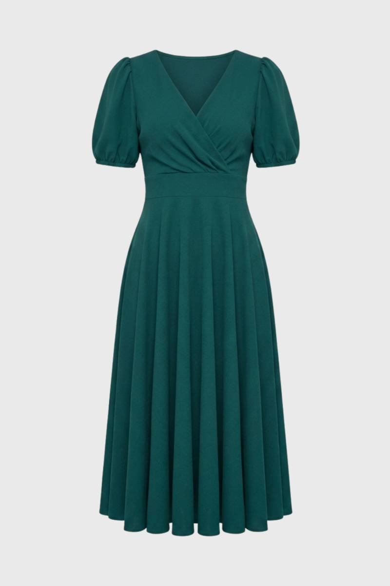 Robe Midi Femme - Col V Manches Bouffantes Coupe Portefeuille | Rétro — Vert