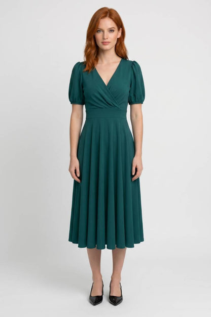 Robe Midi Femme - Col V Manches Bouffantes Coupe Portefeuille | Rétro — Vert
