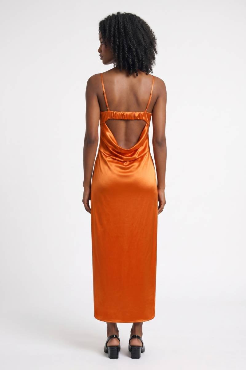 Robe Midi Femme - Dos Bretelles Fines Bustier Drapé | Chic — Orange