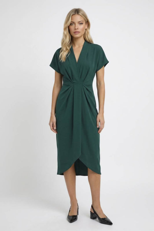 Robe Midi Femme - Drapée Col V Manches Courtes | Chic — Vert