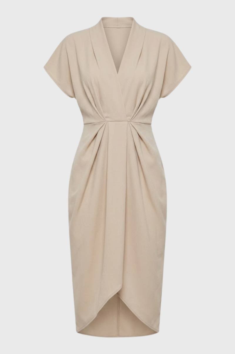 Robe Midi Femme - Drapée Col V Manches Courtes | Chic — Beige