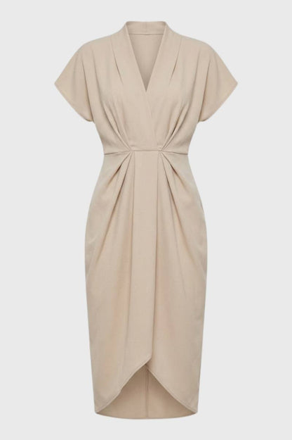 Robe Midi Femme - Drapée Col V Manches Courtes | Chic — Beige