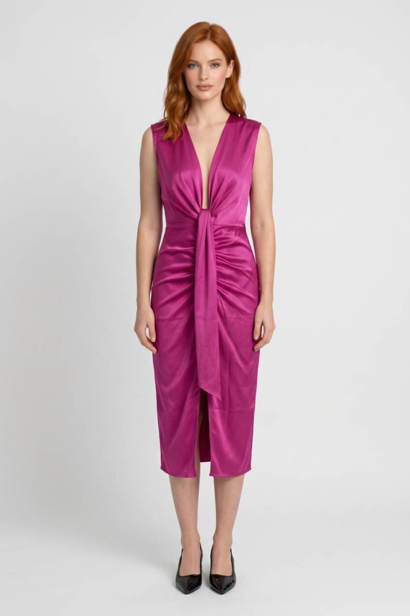 Robe midi Femme - Drapée V Profond Nœud Central | Sophistiquée — Fuchsia