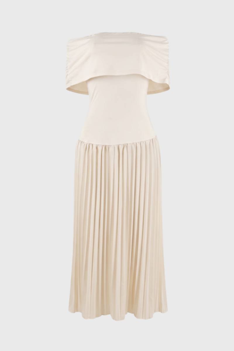 Robe midi Femme - Épaules Dénudées Jupe Plissée | Élégant — Beige