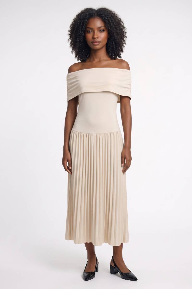 Robe midi Femme - Épaules Dénudées Jupe Plissée | Élégant — Beige