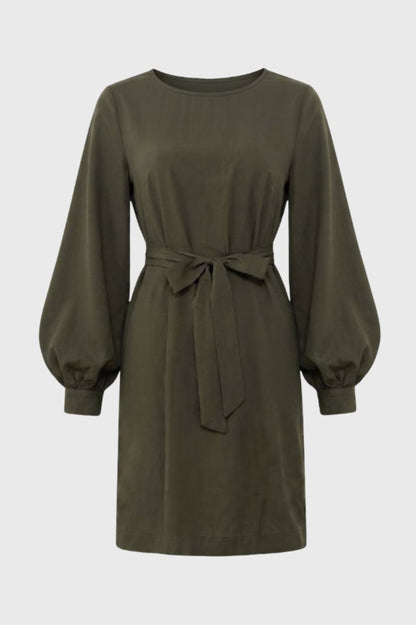 Robe Midi Femme - Manches Bouffantes Col Rond Ceinture | Élégante — Olive