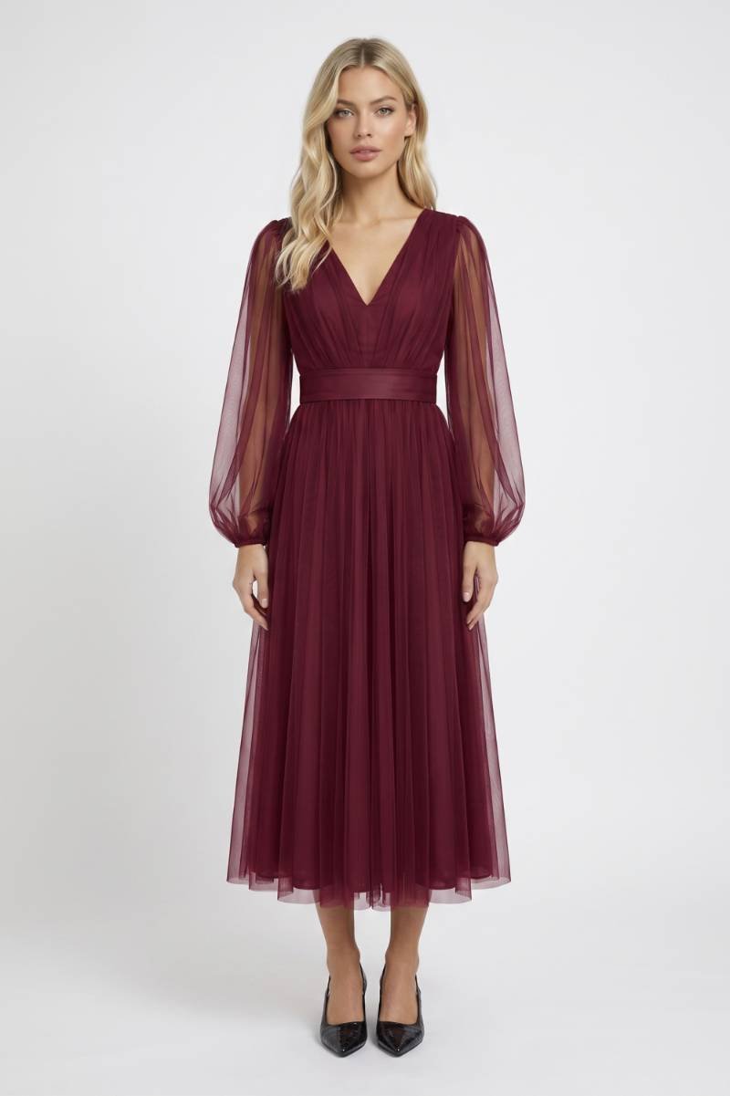 Robe midi Femme - Manches Bouffantes Col V Profond | Élégant — Bordeaux