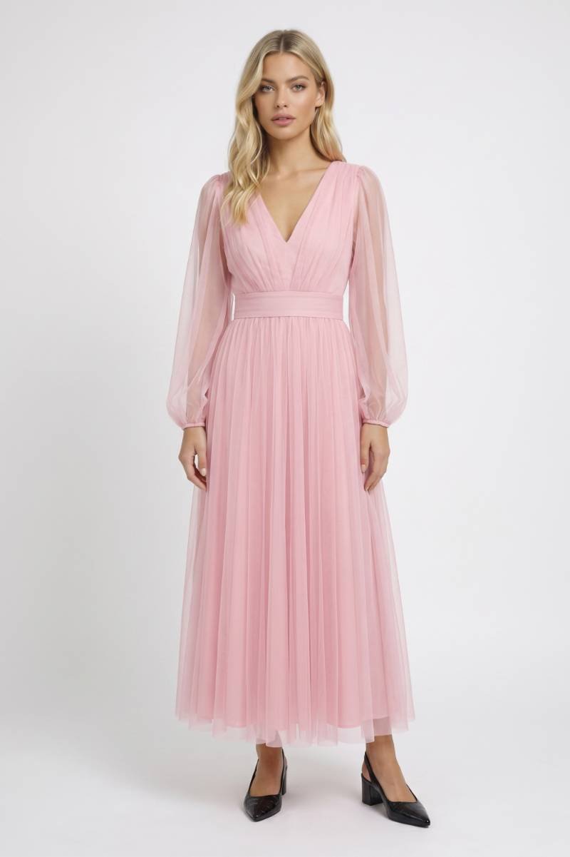 Robe midi Femme - Manches Bouffantes Col V Profond | Élégant — Rose