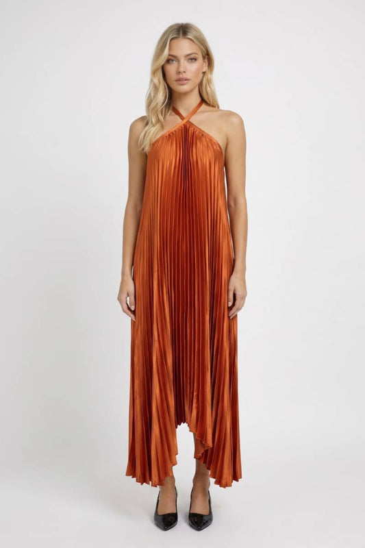 Robe Midi Femme - Plissée Col Halter Asymétrique | Élégante