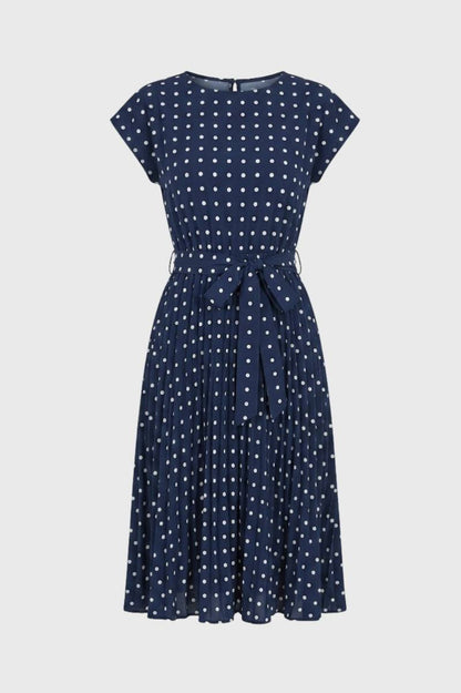 Robe midi Femme - Pois Rétro Manches Courtes Ceinturée | Chic — Marine à pois
