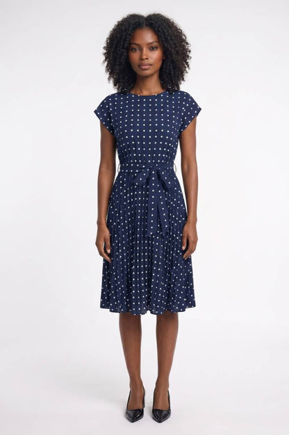 Robe midi Femme - Pois Rétro Manches Courtes Ceinturée | Chic — Marine à pois