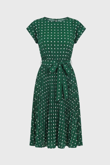 Robe midi Femme - Pois Rétro Manches Courtes Ceinturée | Chic — Vert à pois