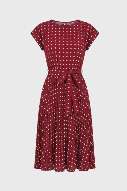 Robe midi Femme - Pois Rétro Manches Courtes Ceinturée | Chic — Bordeaux à pois