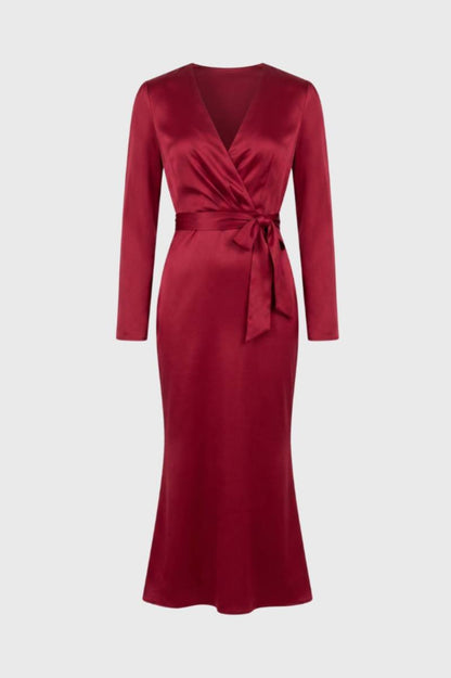 Robe Midi Femme - Portefeuille ée Ceinture Nouée | Élégant — Bordeaux