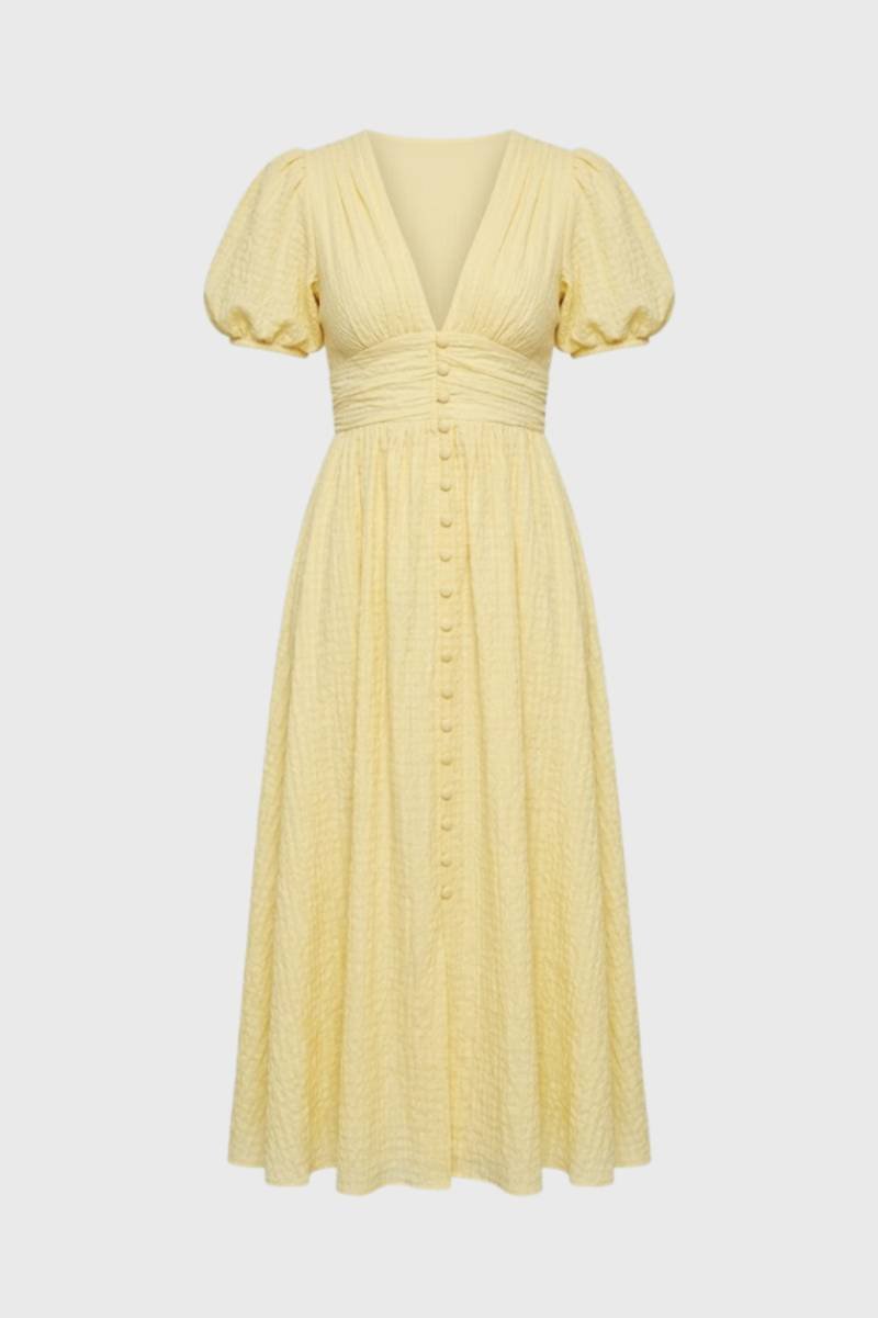 Robe midi Femme - Romantique avec Manches Bouffantes | Col V — Jaune