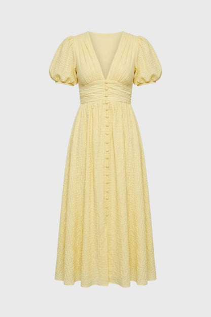 Robe midi Femme - Romantique avec Manches Bouffantes | Col V — Jaune