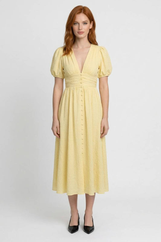Robe midi Femme - Romantique avec Manches Bouffantes | Col V — Jaune