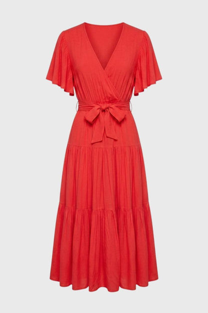 Robe midi Femme - Volants Cache-Cœur Ceinturée | Bohème — Rouge