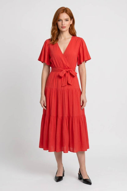 Robe midi Femme - Volants Cache-Cœur Ceinturée | Bohème — Rouge