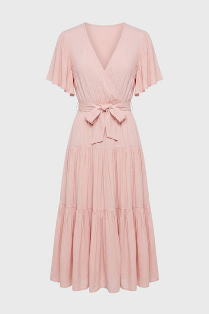 Robe midi Femme - Volants Cache-Cœur Ceinturée | Bohème — Rose