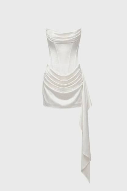 Robe Mini Femme - Bustier Drapée avec Détail Asymétrique | Soirée - Blanc