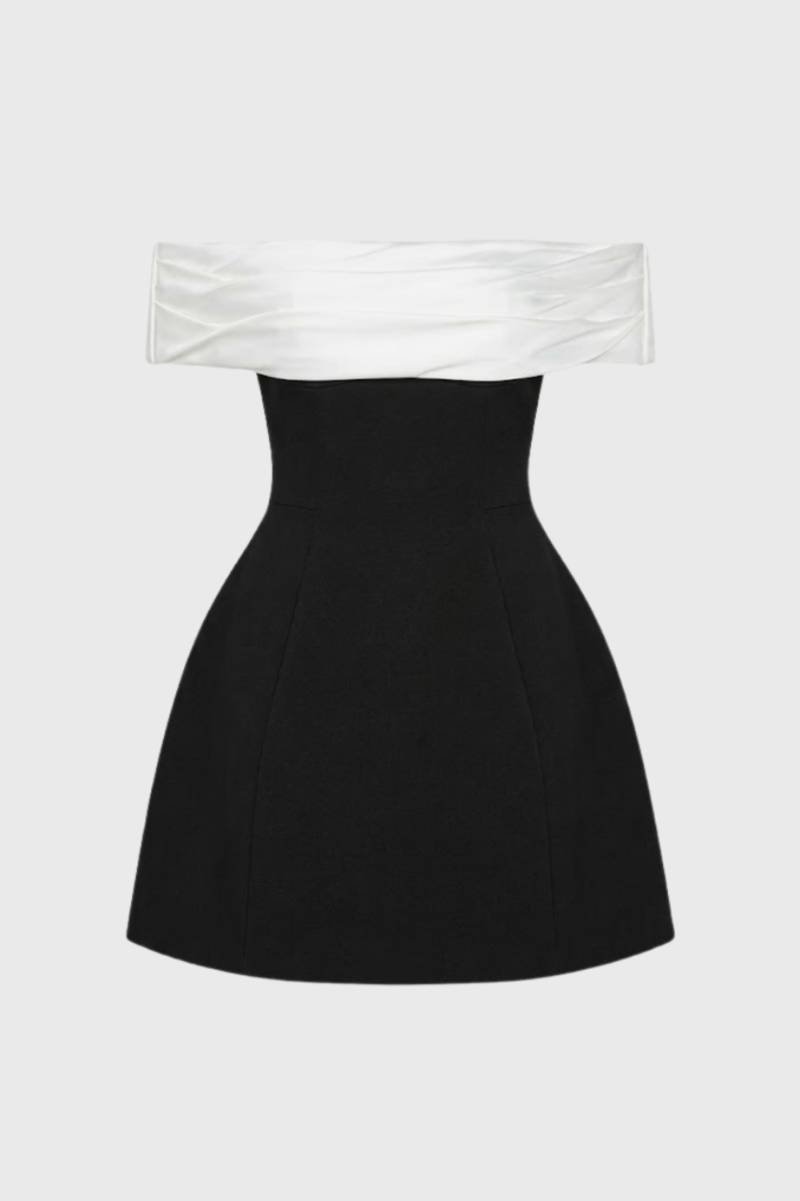 Robe Mini Femme - Épaules Nues Bicolore | Cocktail - Noir et Blanc