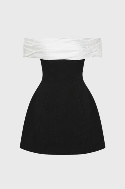Robe Mini Femme - Épaules Nues Bicolore | Cocktail - Noir et Blanc