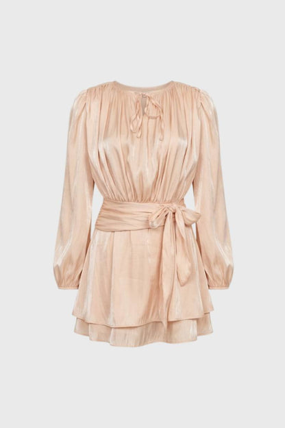 Robe Mini Femme - Froncée avec Manches Longues | Élégante — Champagne