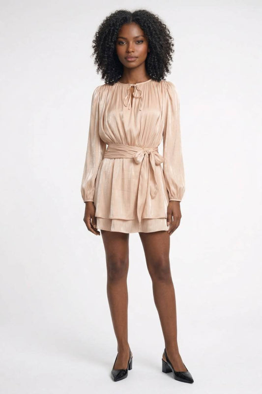 Robe Mini Femme - Froncée avec Manches Longues | Élégante — Champagne