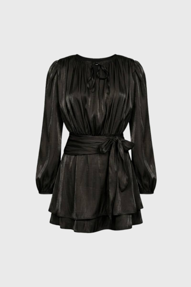 Robe Mini Femme - Froncée avec Manches Longues | Élégante — Noir