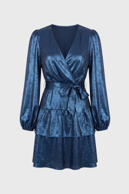 Robe Mini Femme - Portefeuille Manches Bouffantes Col V | Chic — Bleu