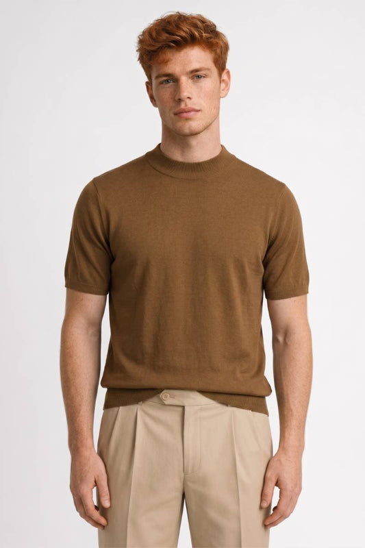 T-Shirt Homme - Col Montant Moderne avec Manches Courtes | Décontracté — Camel