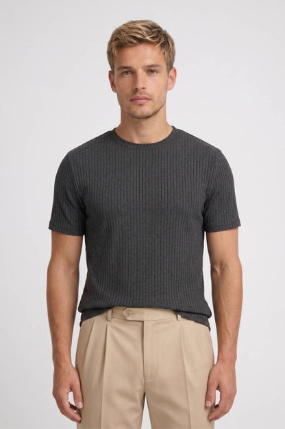 T-Shirt Homme - Côtelé Col Rond avec Coupe Ajustée | Casual — Gris
