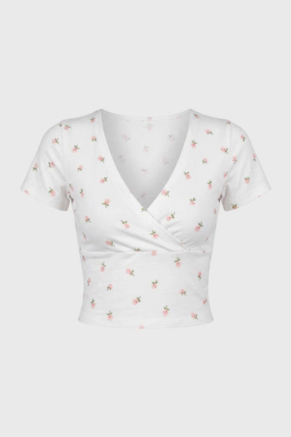 Top Femme - Crop Portefeuille Col V Manches Courtes | Féminin — Blanc Fleuri