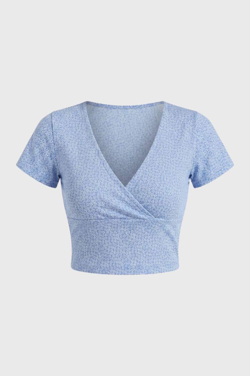 Top Femme - Crop Portefeuille Col V Manches Courtes | Féminin — Bleu Clair
