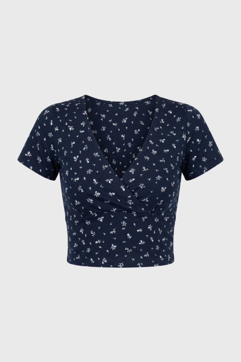 Top Femme - Crop Portefeuille Col V Manches Courtes | Féminin — Marine Fleuri