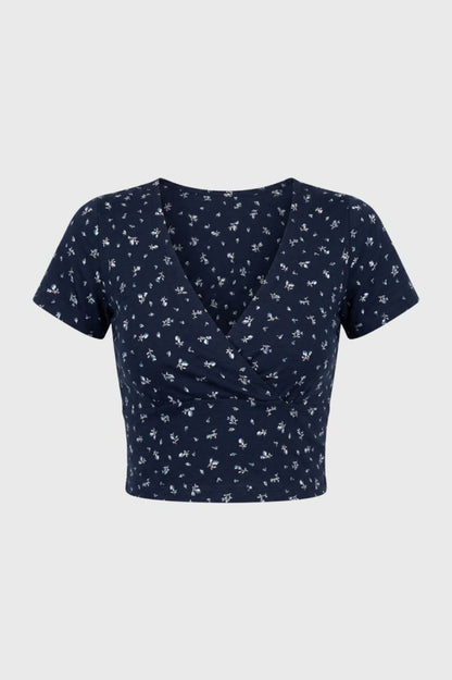 Top Femme - Crop Portefeuille Col V Manches Courtes | Féminin — Marine Fleuri