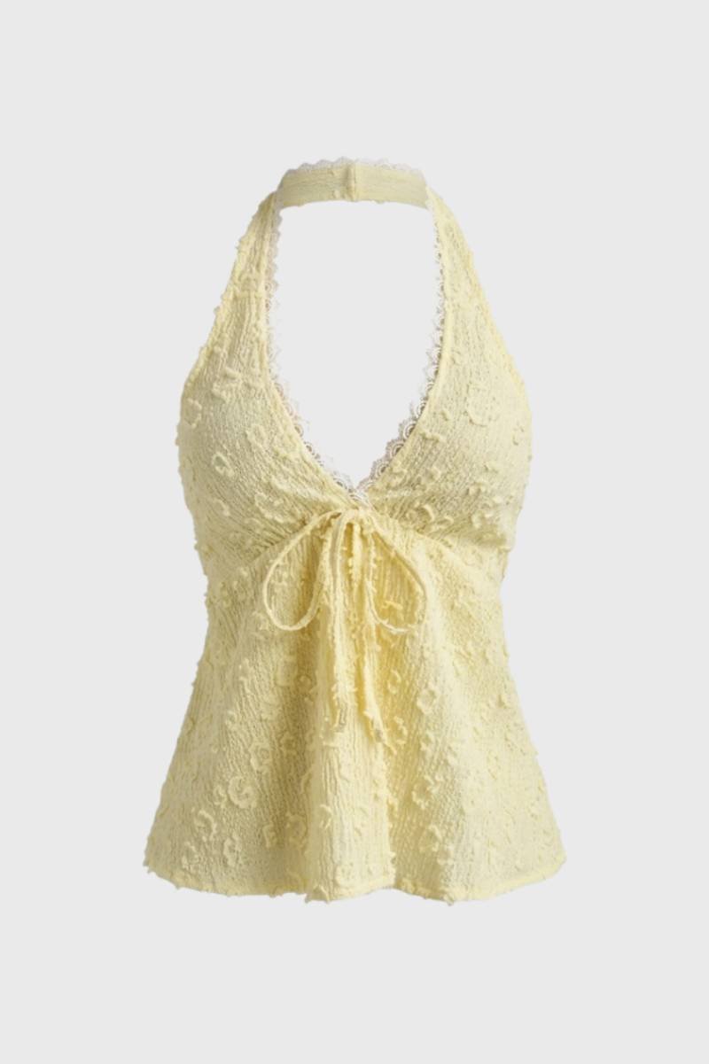 Top Femme - Halter Col V avec Laçage Frontal | Estival - Jaune Pâle