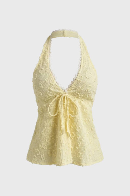 Top Femme - Halter Col V avec Laçage Frontal | Estival - Jaune Pâle
